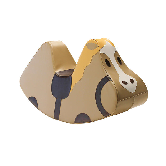 A brown and yellow horse shaped foam rocking toy