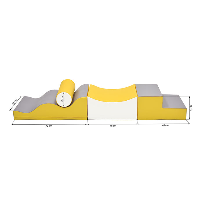 A diagram of a yellow and white Soft Play Set - Advanced Wave Walk with measurements promoting balance and coordination in an IGLU Soft Play.