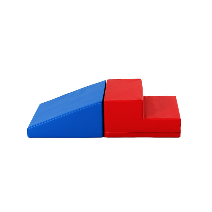 Mini Fun Slider playset with two blocks in blue and red designed for smaller spaces. This Soft Play Step and Slide Set is brought to you by IGLU Soft Play.