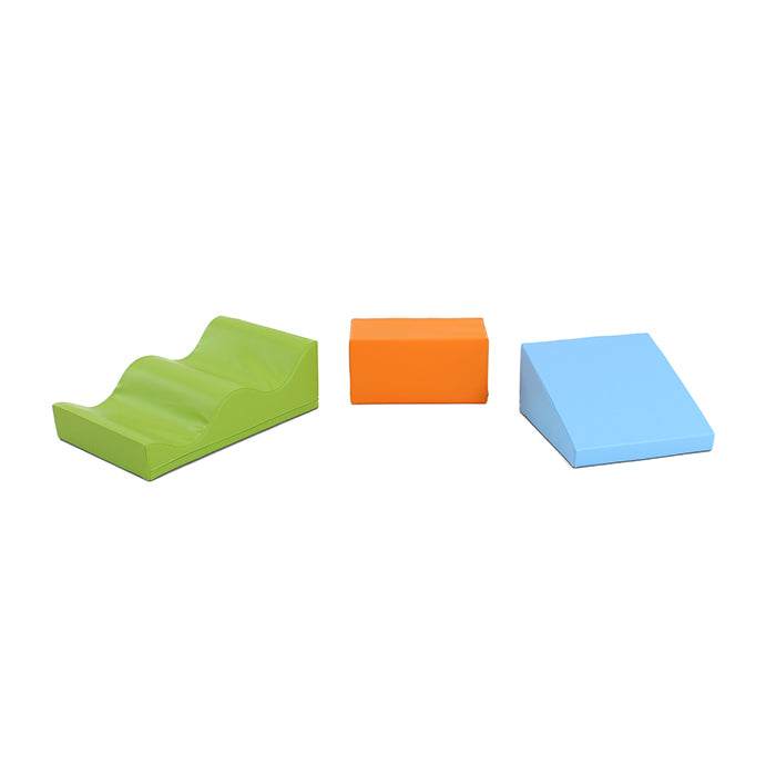An IGLU Soft Play - Wave Walk set of creatively balanced blocks on a white surface.